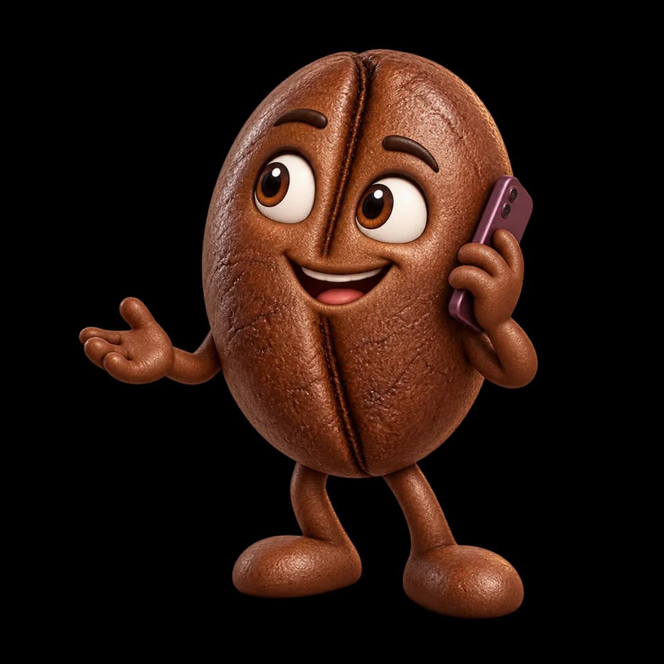 A friendly coffee bean character talking on the phone.