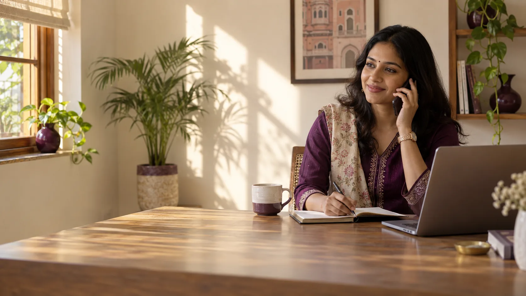 A person taking a call and making notes in a warm workspace.