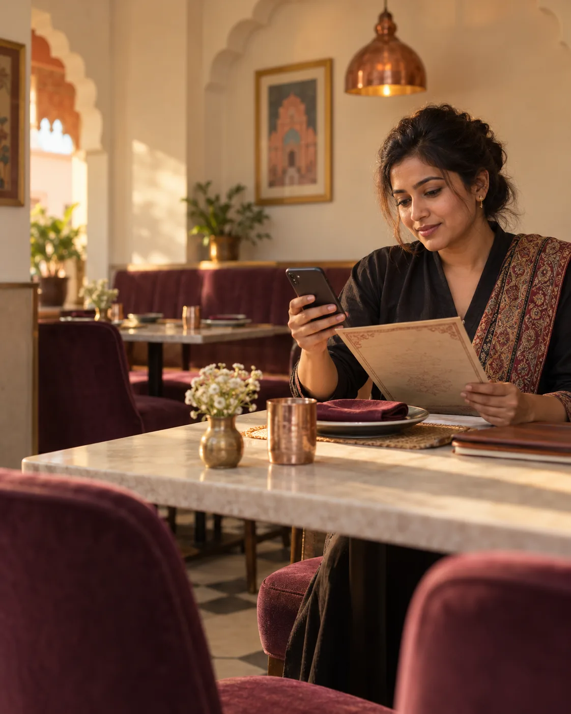 A restaurant owner considering a menu and phone at her venue.