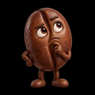 A coffee bean character thinking carefully.