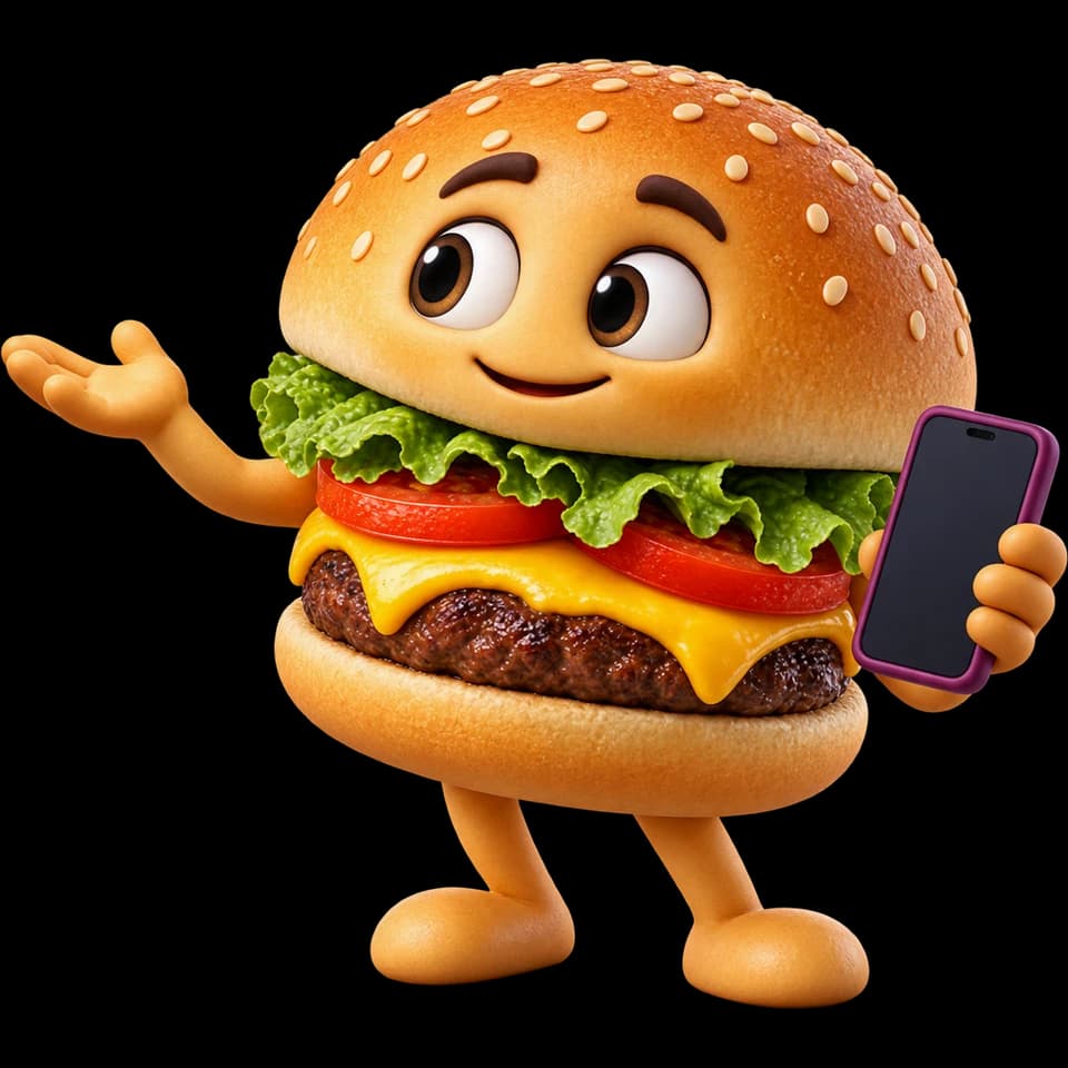 A relaxed burger venue owner holding a phone and gesturing toward the subscription note.