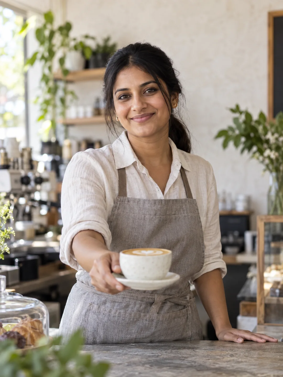 A café owner serving a coffee to a guest in bright morning light.