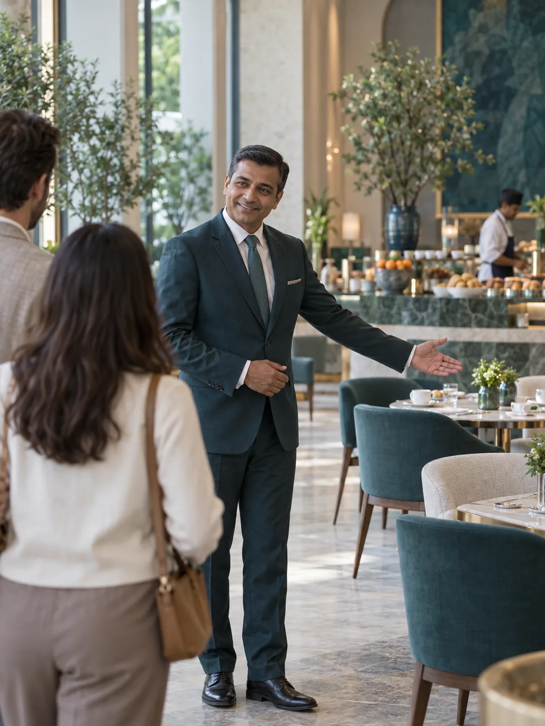 A hotel dining manager welcoming guests into a bright dining room.