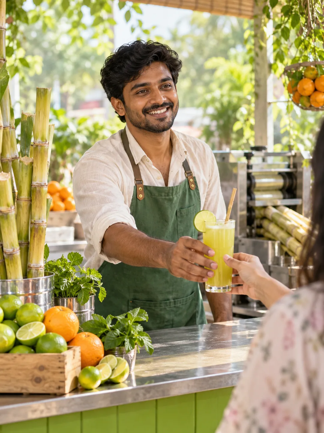 A juice shop owner serving a fresh drink in a green, sunlit setting.