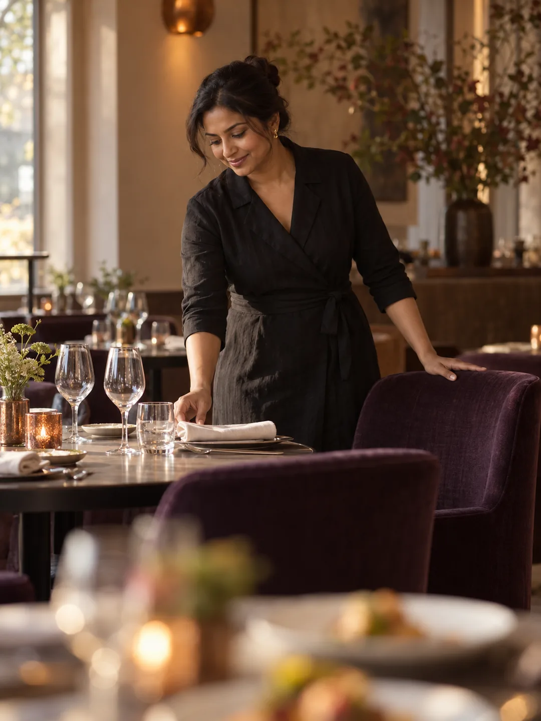 A restaurant owner preparing a dining table in warm evening light.
