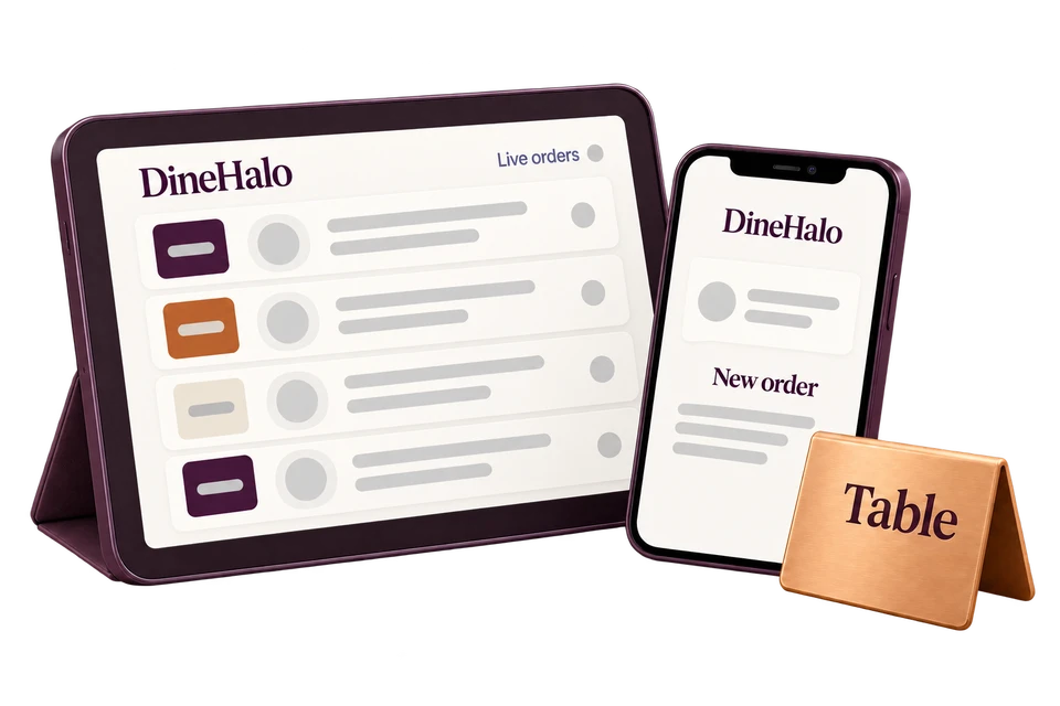 A team tablet, phone order notification and table marker with skeleton order rows.