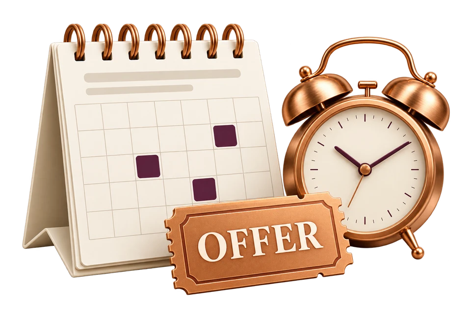 A blank calendar grid, a plain scheduling clock and a copper OFFER coupon.