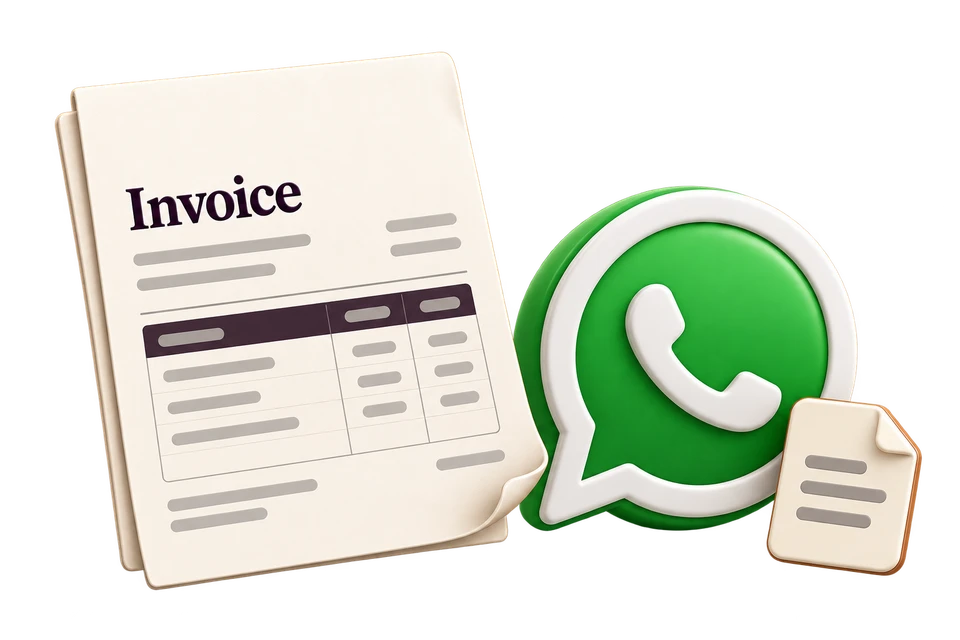 An invoice with skeleton lines beside a WhatsApp chat symbol and document attachment.