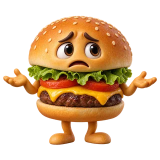 A worried burger character with open hands.