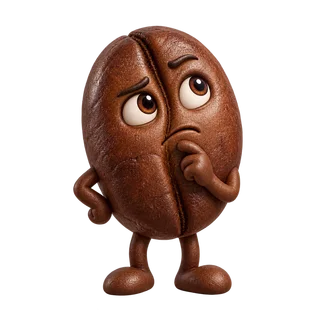 A coffee bean character thinking carefully.