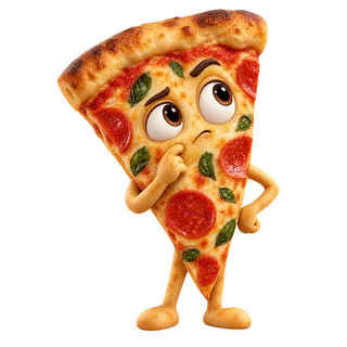 A pizza slice character considering a question.